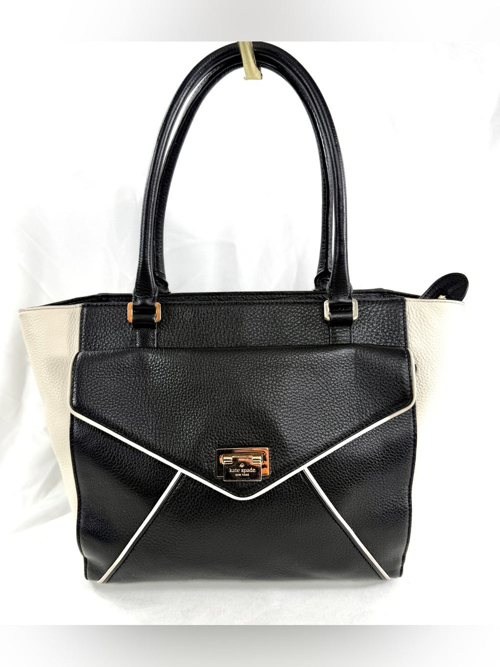 Kate Spade Black Cream Pebbled Leather Medium Satchel Shoulder Bag Brass Latch